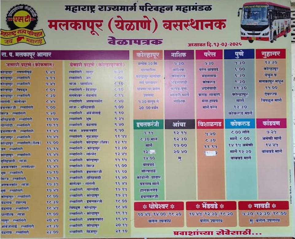 malkapur yelane bus stand time table